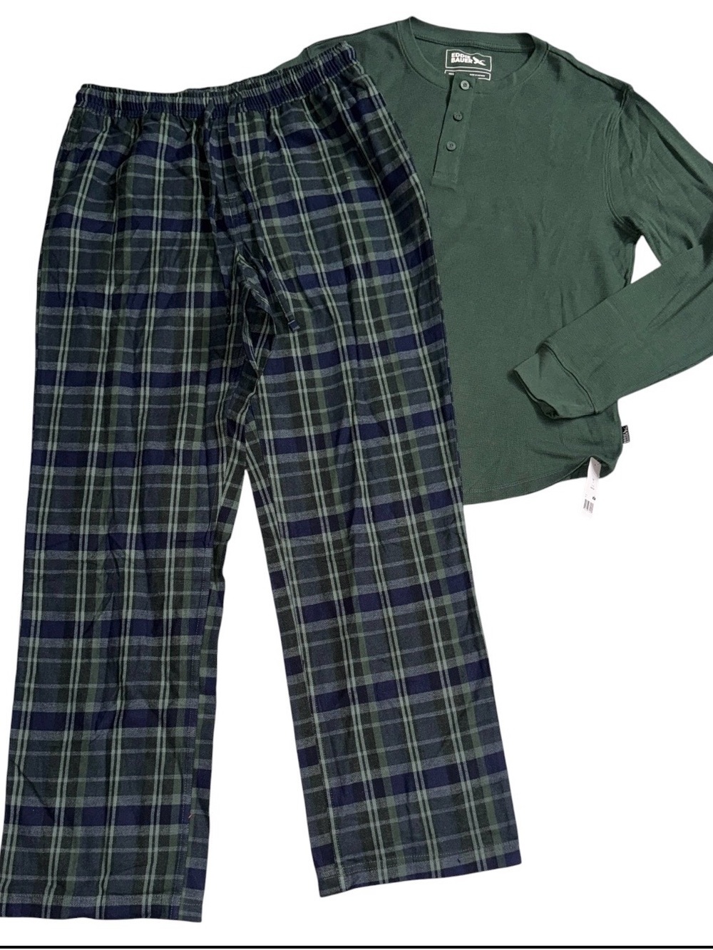 EDDIE BAUER mens green plaid lounge set sleepwear casual Henley plaid pajama set